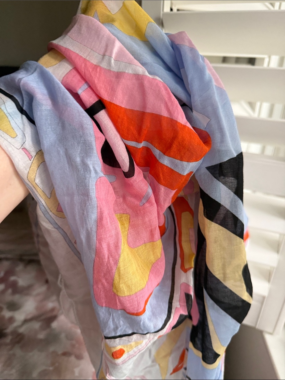 Colorful Abstract Print Large Scarf - Pastel Pink, Blue & Yellow